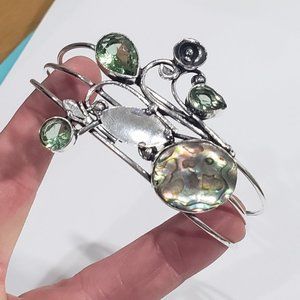 Peridot bracelet, 925 silver abalone shell peridot adjustable bangle bracelet